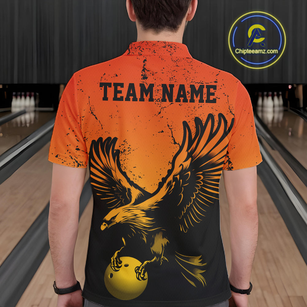 Custom Orange And Yellow Eagle Bowling Polo, Grunge Bowling Jersey Team Uniform