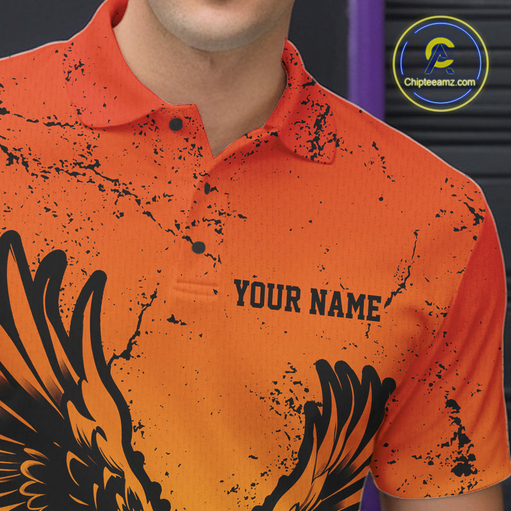 Custom Orange And Yellow Eagle Bowling Polo, Grunge Bowling Jersey Team Uniform