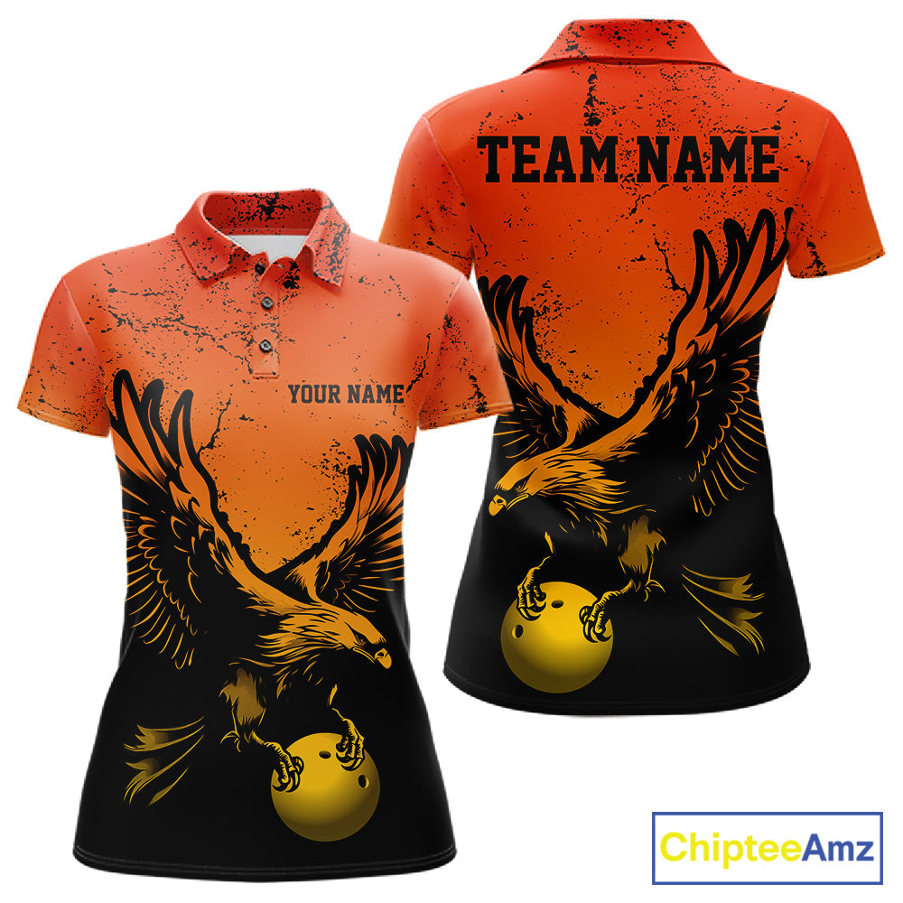 Custom Orange And Yellow Eagle Bowling Polo, Grunge Bowling Jersey Team Uniform