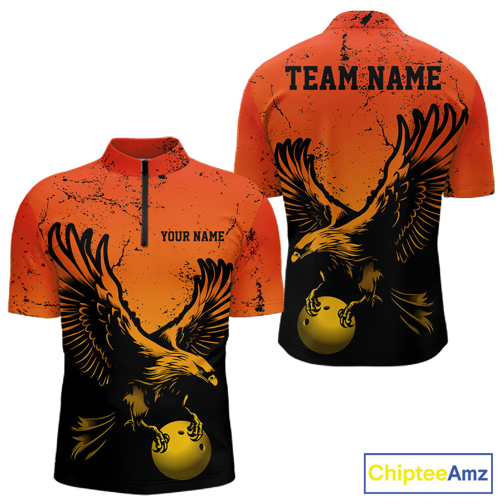 Custom Orange And Yellow Eagle Bowling Quarter Zip, Grunge Bowling Jersey Team Uniform