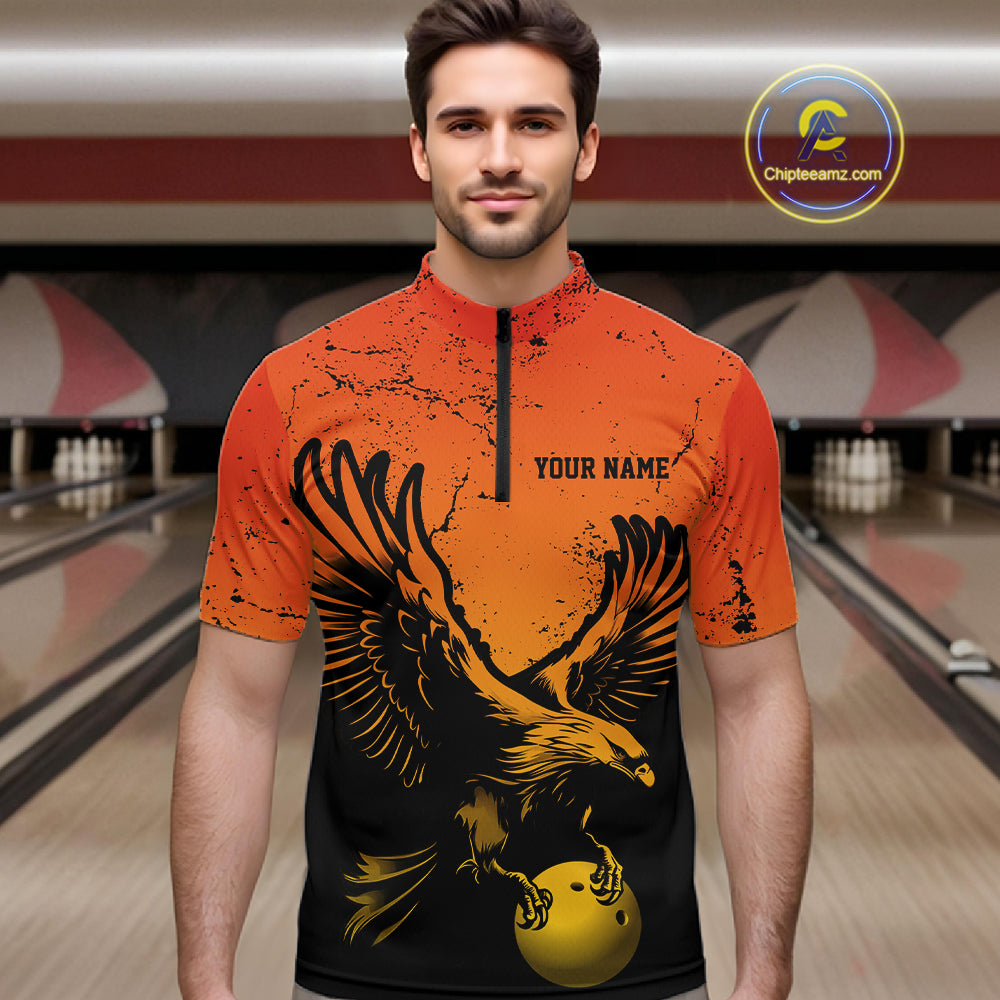 Custom Orange And Yellow Eagle Bowling Quarter Zip, Grunge Bowling Jersey Team Uniform