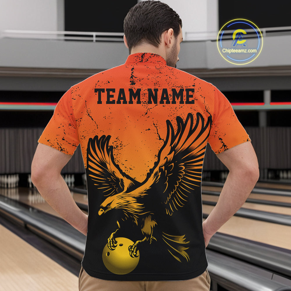 Custom Orange And Yellow Eagle Bowling Quarter Zip, Grunge Bowling Jersey Team Uniform
