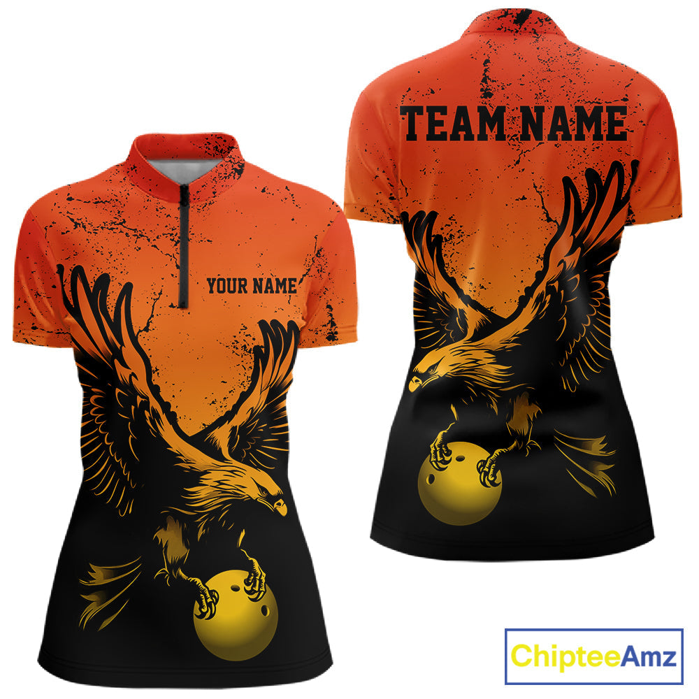 Custom Orange Yellow Eagle Bowling Quarter-Zip, Grunge Bowling Jersey Team Uniform
