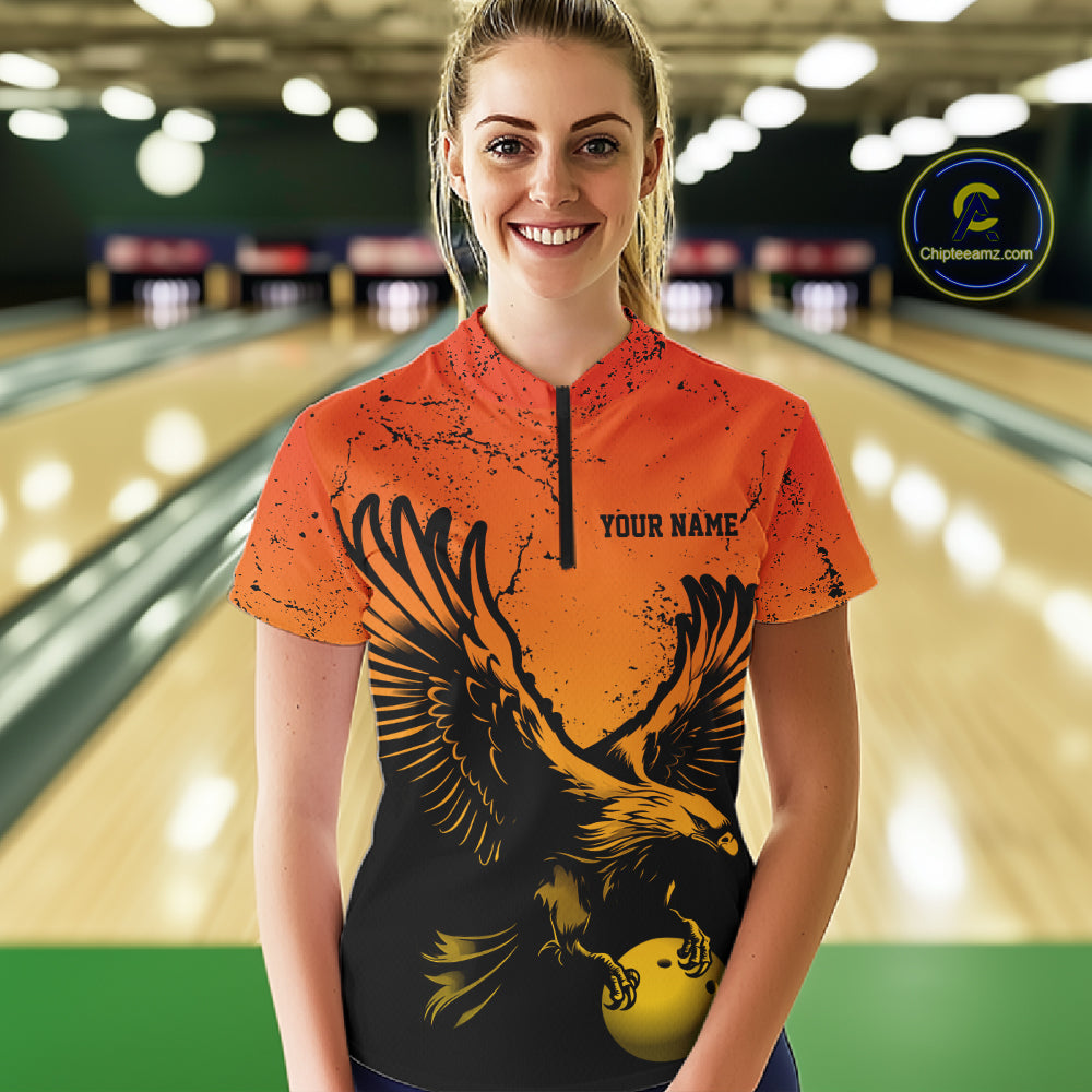 Custom Orange Yellow Eagle Bowling Quarter-Zip, Grunge Bowling Jersey Team Uniform