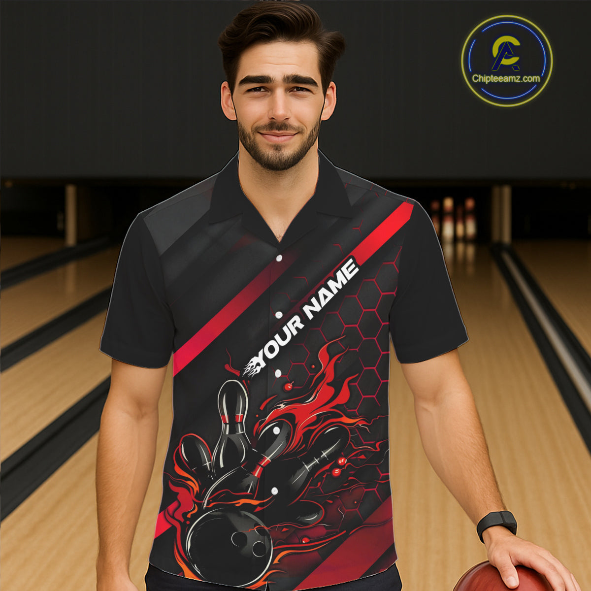 Custom Black And Red Flame Bowling Hawaiian Shirts, Bowling Team Bowling League Shirts