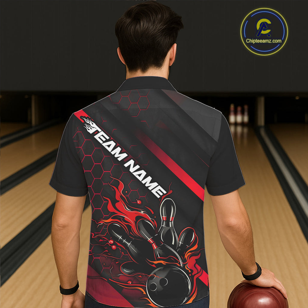 Custom Black And Red Flame Bowling Hawaiian Shirts, Bowling Team Bowling League Shirts