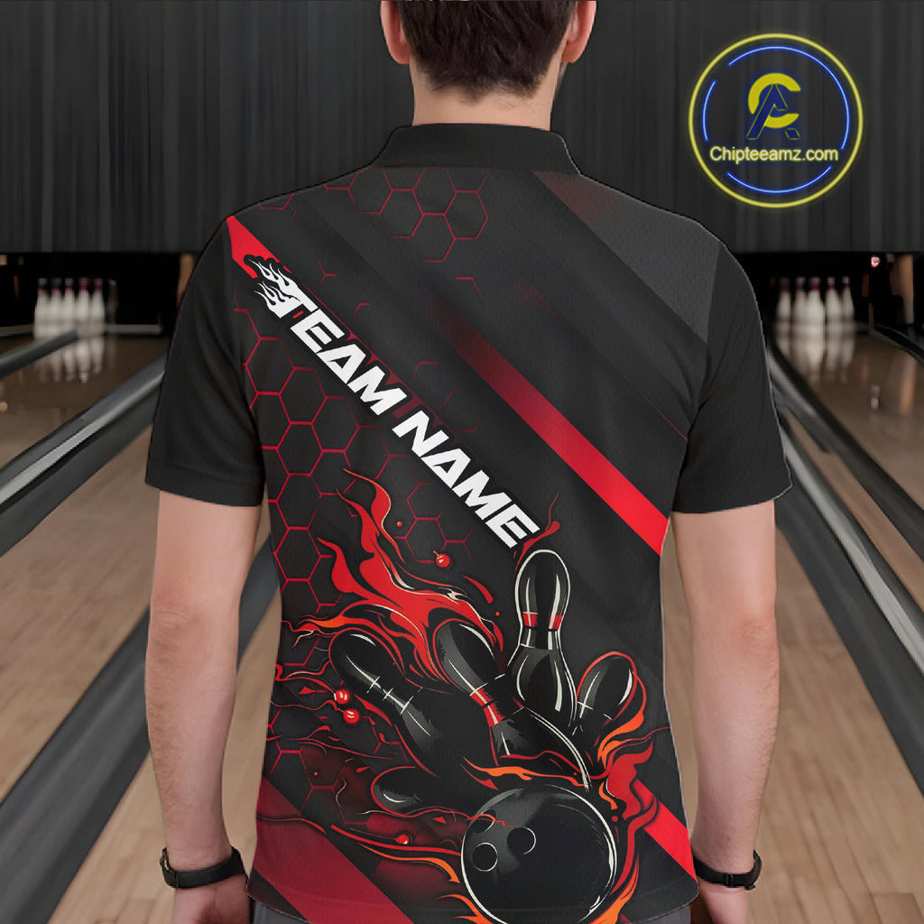 Custom Black And Red Flame Bowling Shirts, Bowling Team Bowling League Shirts