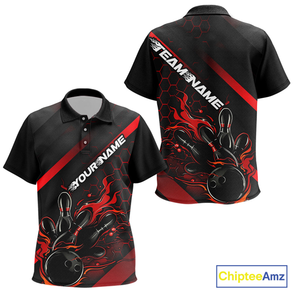 Custom Black And Red Flame Bowling Polo Shirts, Bowling Team Bowling League Shirts