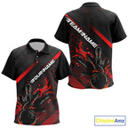 Custom Black And Red Flame Bowling Polo Shirts, Bowling Team Bowling League Shirts