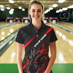 Custom Black And Red Flame Bowling Shirts, Bowling Team Bowling League Shirts