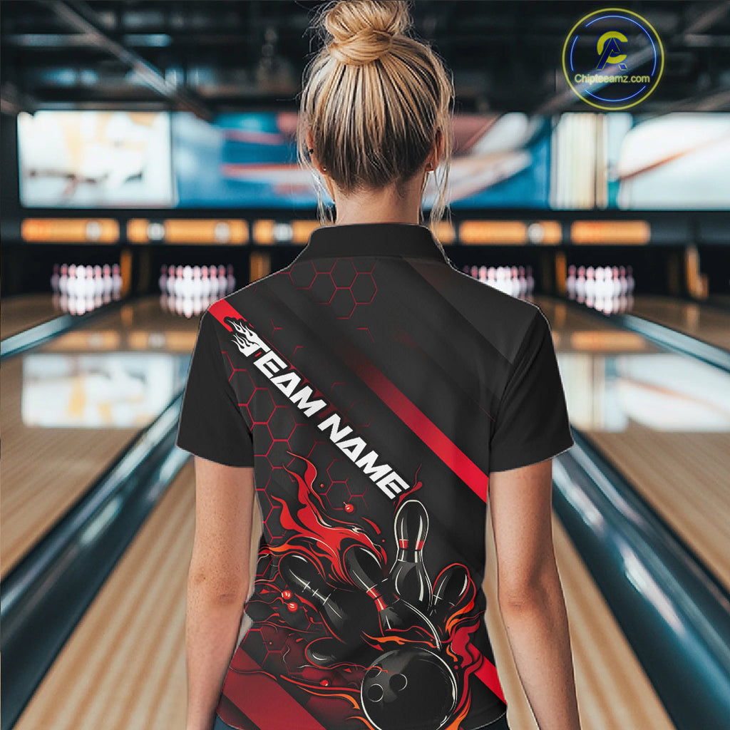Custom Black And Red Flame Bowling Shirts, Bowling Team Bowling League Shirts