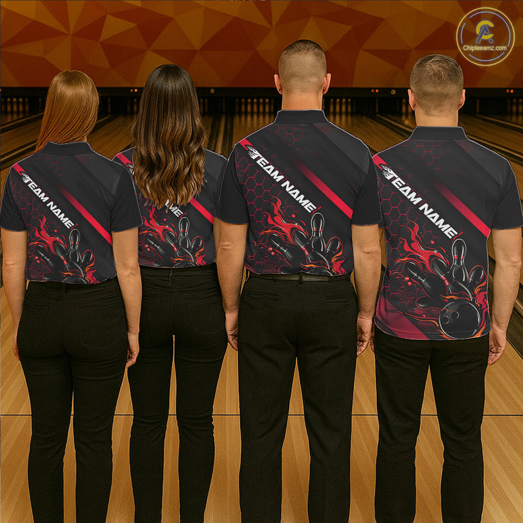 Custom Black And Red Flame Bowling Shirts, Bowling Team Bowling League Shirts
