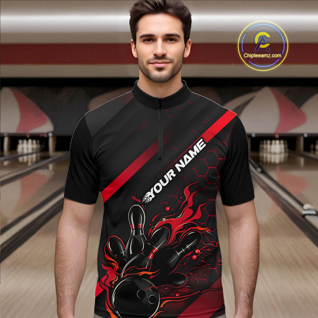 Custom Black And Red Flame Bowling Shirts, Bowling Team Bowling League Shirts