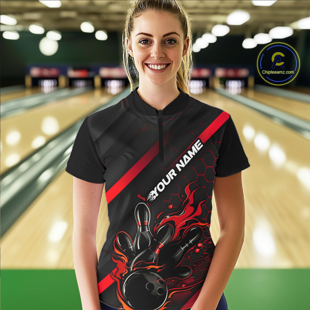 Custom Black And Red Flame Bowling Shirts, Bowling Team Bowling League Shirts