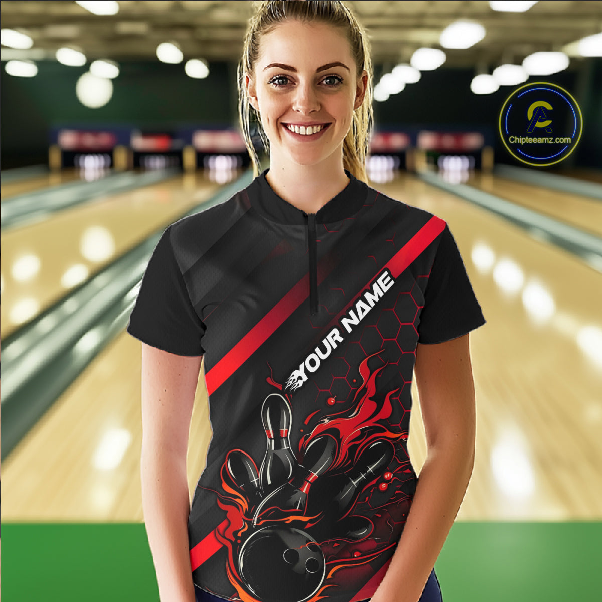 Custom Black And Red Flame Bowling Shirts, Bowling Team Bowling League Shirts