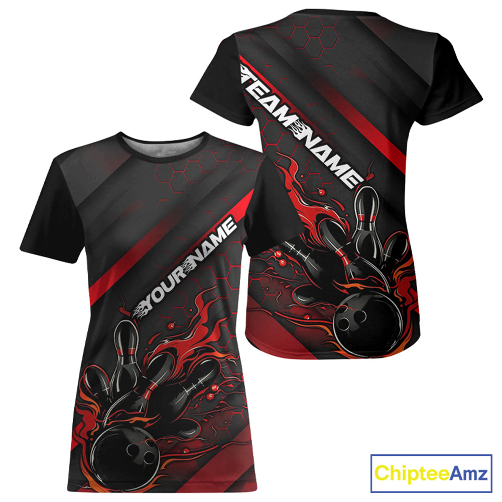 Custom Black And Red Flame Bowling T-Shirts Shirts, Bowling Team Bowling League