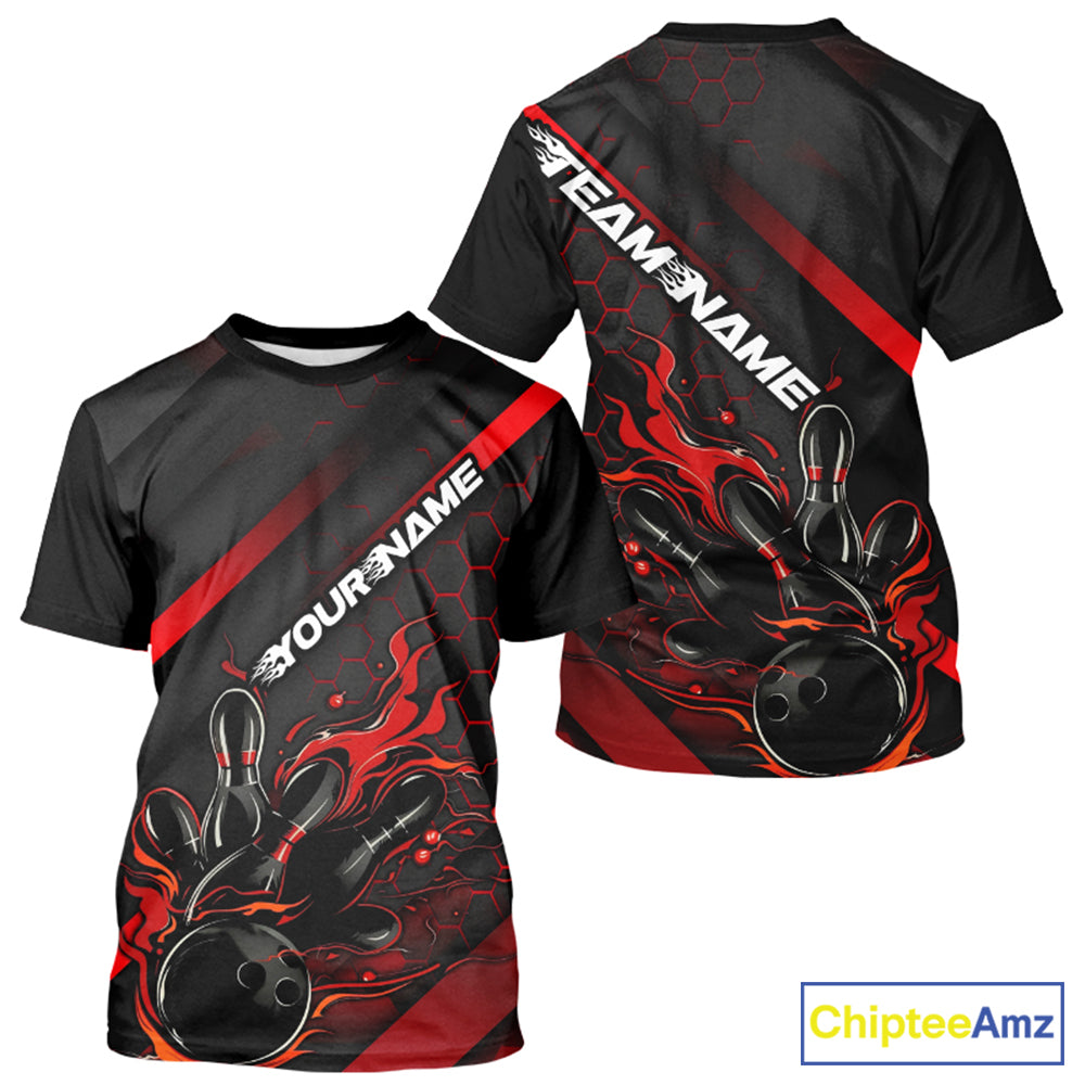 Custom Black And Red Flame Bowling T-Shirts Shirts, Bowling Team Bowling League