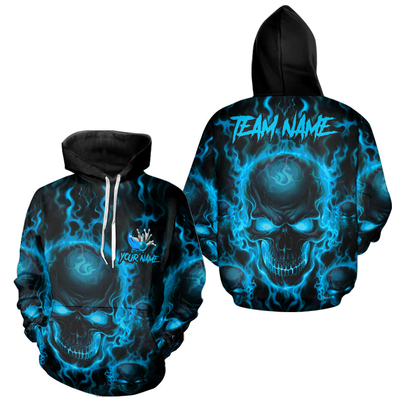 Custom Bowling Hoodie Shirts And, Blue Flame Skull Team Bowling Jerseys Halloween Outfits