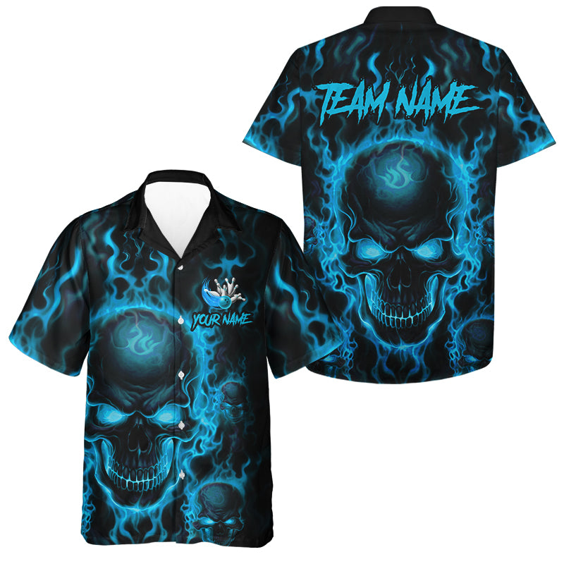 Custom Bowling Hawaiian Shirts, Blue Flame Skull Team Bowling Jerseys Halloween Outfits