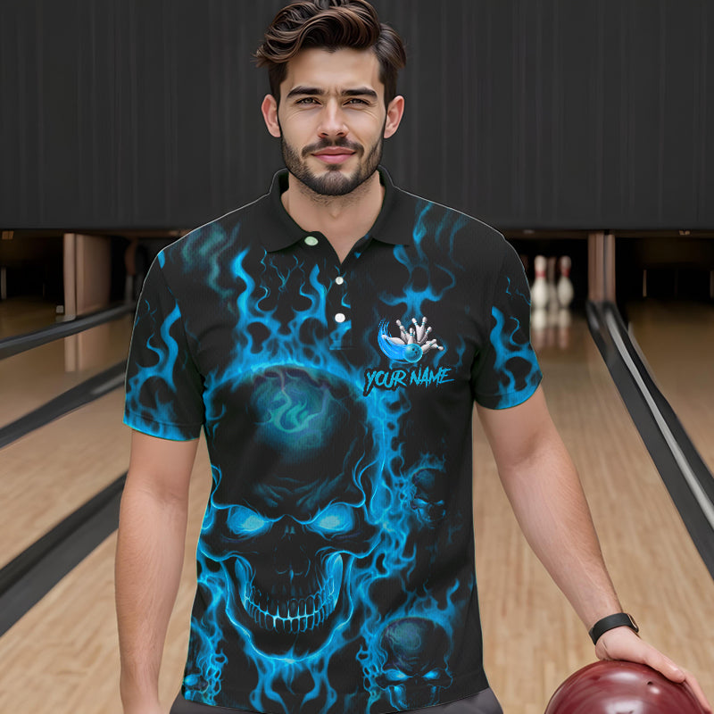 Custom Bowling Polo Shirts, Blue Flame Skull Team Bowling Jerseys Halloween Outfits