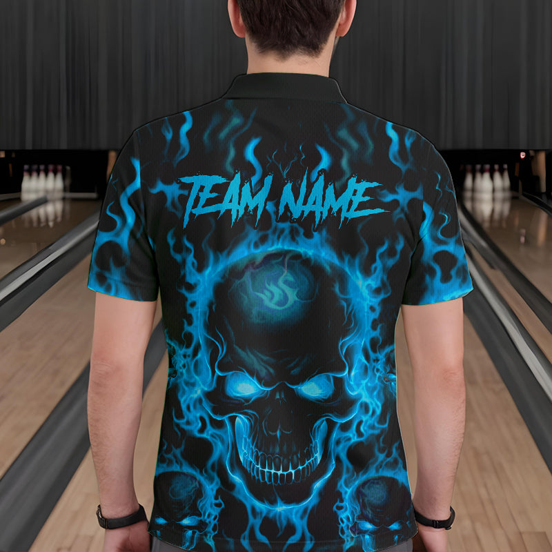 Custom Bowling Polo Shirts, Blue Flame Skull Team Bowling Jerseys Halloween Outfits