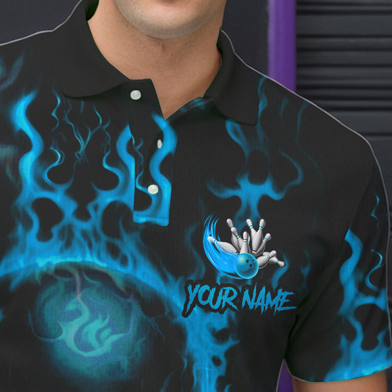 Custom Bowling Polo Shirts, Blue Flame Skull Team Bowling Jerseys Halloween Outfits