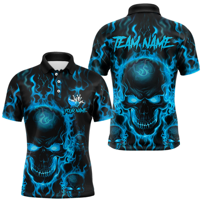 Custom Bowling Polo Shirts, Blue Flame Skull Team Bowling Jerseys Halloween Outfits
