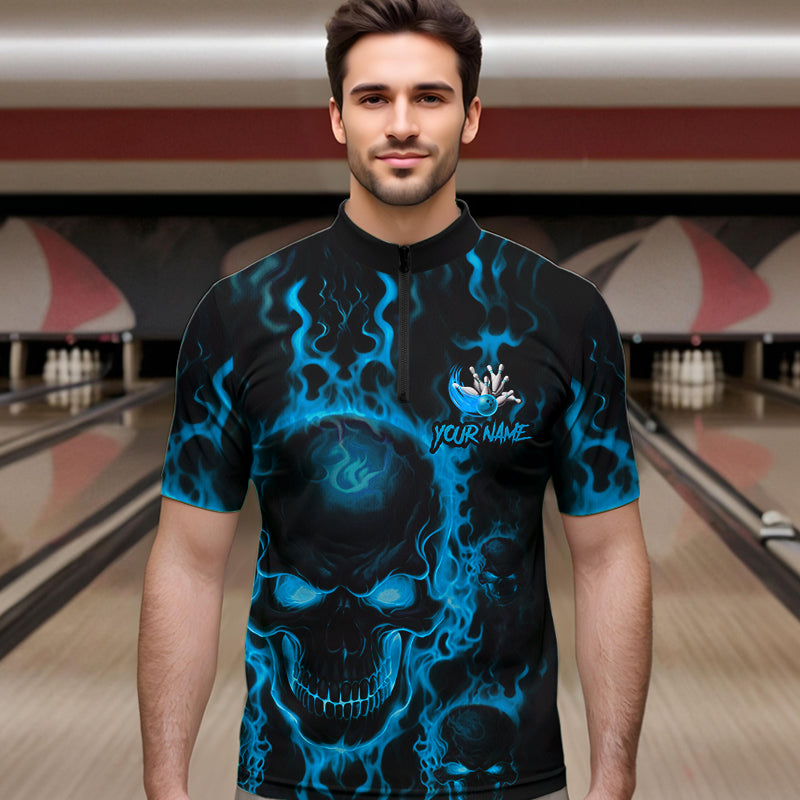 Custom Bowling Quarter-Zip Shirts, Blue Flame Skull Team Bowling Jerseys Halloween Outfits