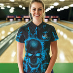 Custom Bowling Quarter-Zip Shirts, Blue Flame Skull Team Halloween Outfits