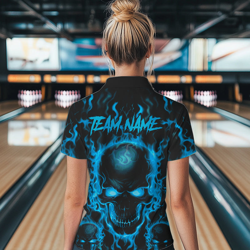Custom Bowling Quarter-Zip Shirts, Blue Flame Skull Team Halloween Outfits