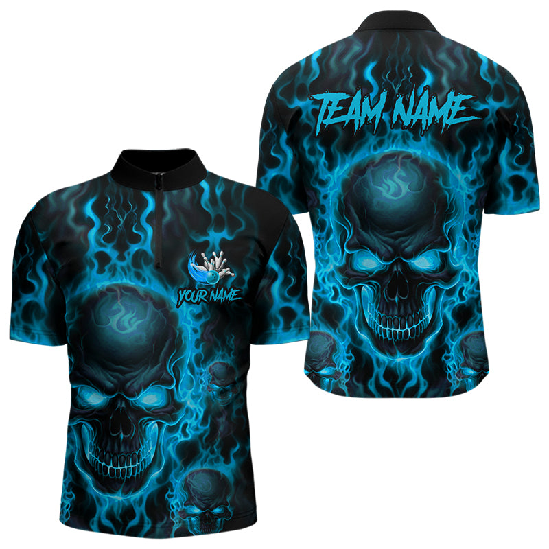 Custom Bowling Quarter-Zip Shirts, Blue Flame Skull Team Bowling Jerseys Halloween Outfits