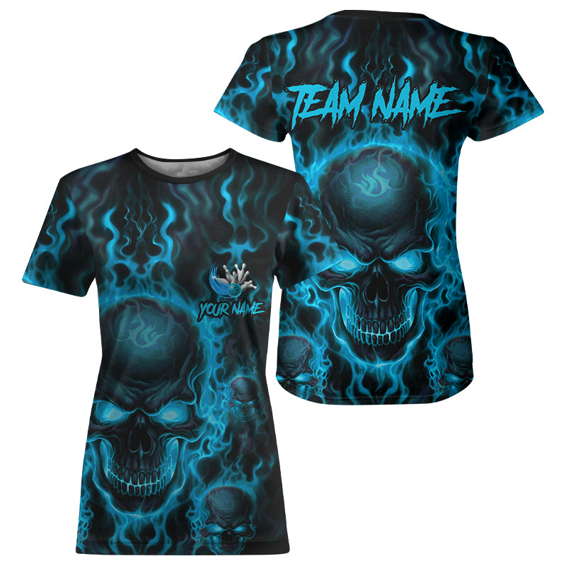 Custom Bowling T-Shirts, Blue Flame Skull Team Bowling Jerseys Halloween Outfits