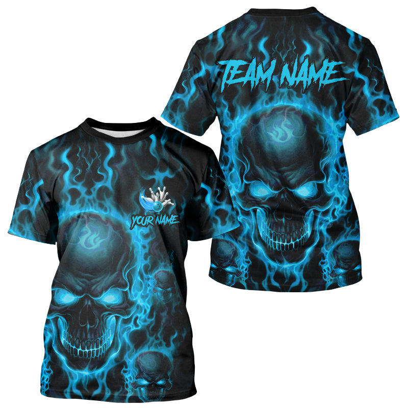 Custom Bowling T-Shirts, Blue Flame Skull Team Bowling Jerseys Halloween Outfits