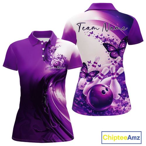 Custom Purple Butterfly Bowling Polo Shirt, Bowling Team Outfits