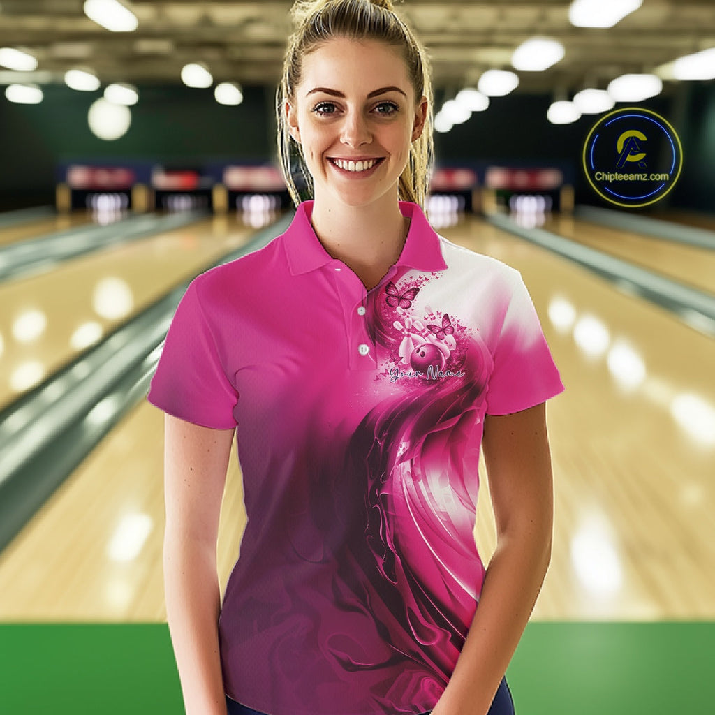 Custom Pink Butterfly Bowling Polo Shirt, Bowling Team Outfits