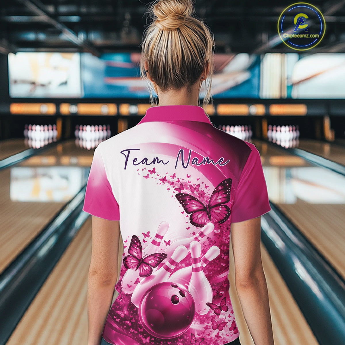 Custom Pink Butterfly Bowling Polo Shirt, Bowling Team Outfits