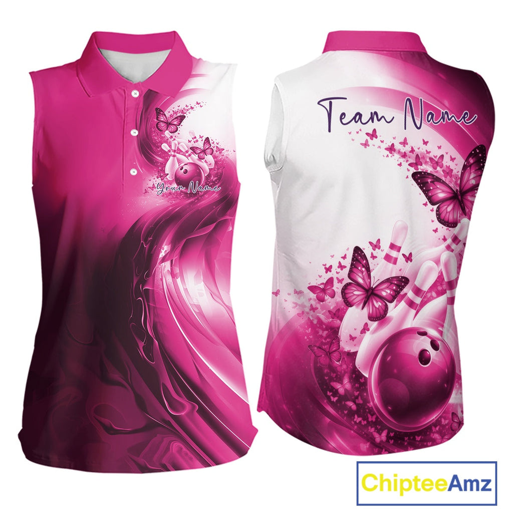 Custom Pink Butterfly Bowling Sleeveless Polo Shirt, Bowling Team Outfits