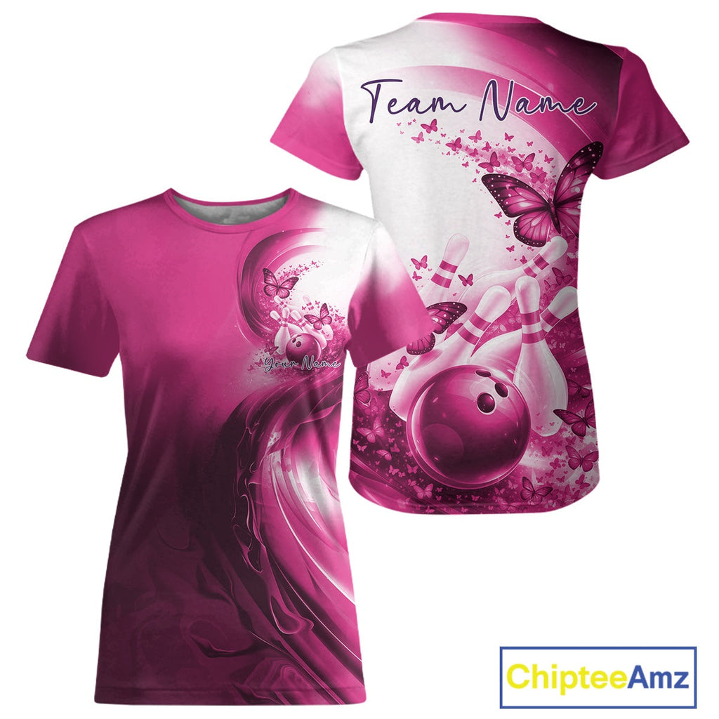 Custom Pink Butterfly Bowling T-Shirts, Bowling Team Outfits