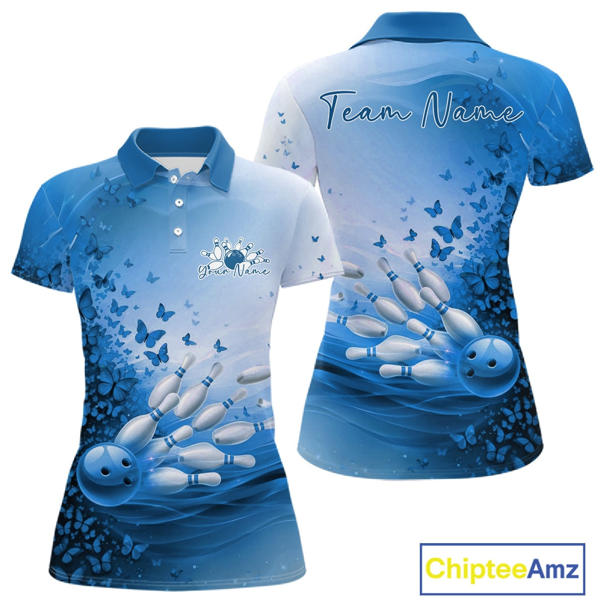 Custom Blue Butterfly Bowling Polo Shirt, Bowling Tournament Uniform