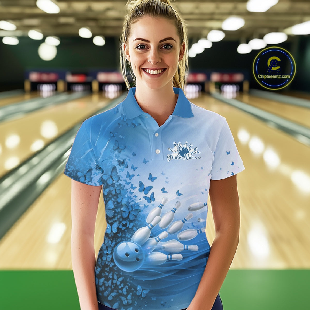 Custom Blue Butterfly Bowling Polo Shirt, Bowling Tournament Uniform