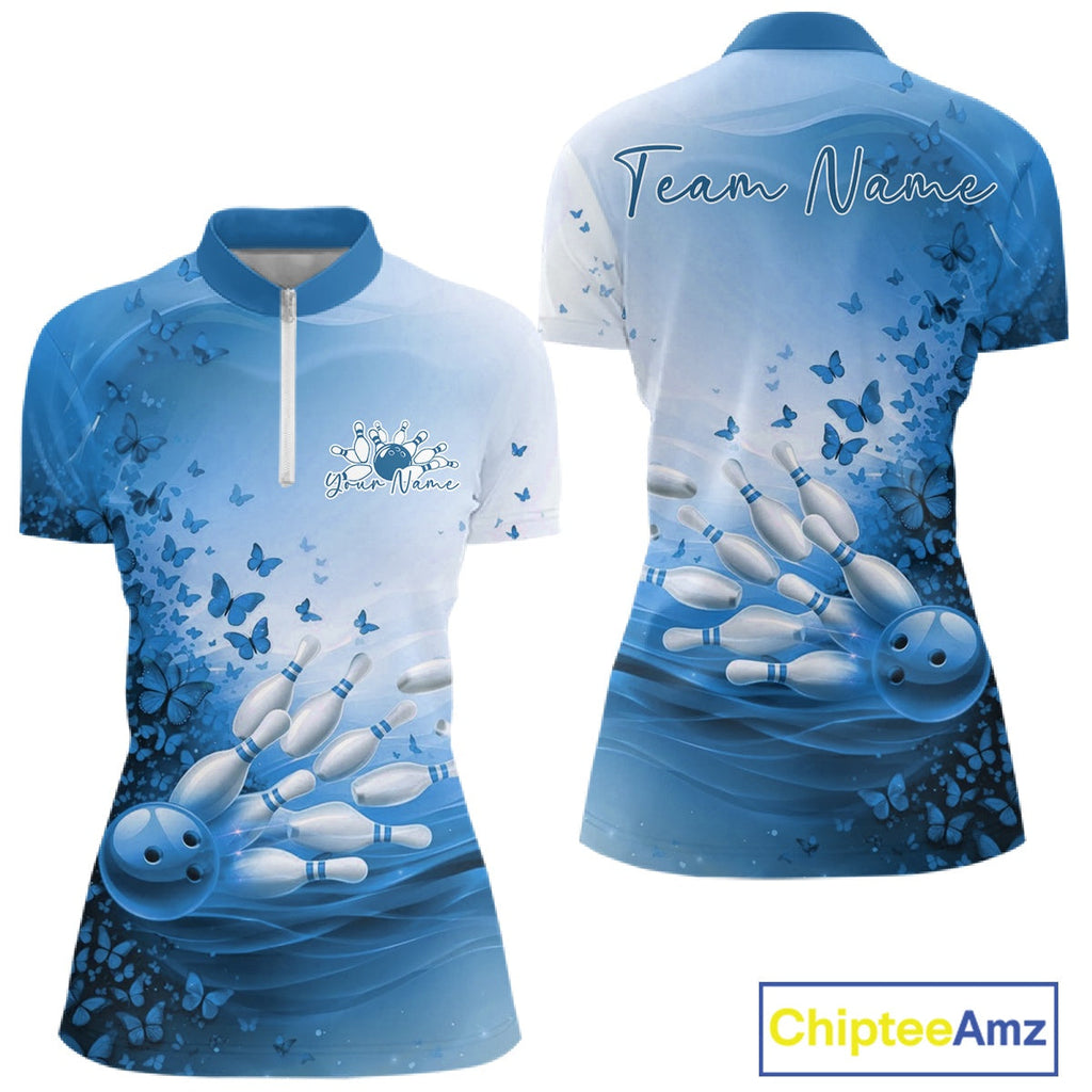 Custom Blue Butterfly Bowling Quarter-Zip Shirt, Bowling Tournament Uniform