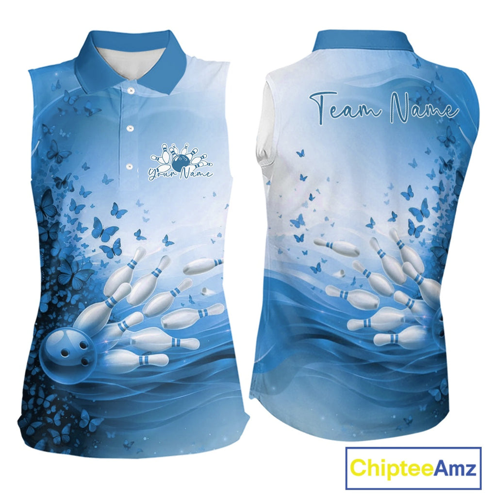 Custom Blue Butterfly Bowling Sleeveless Polo Shirt, Bowling Tournament Uniform