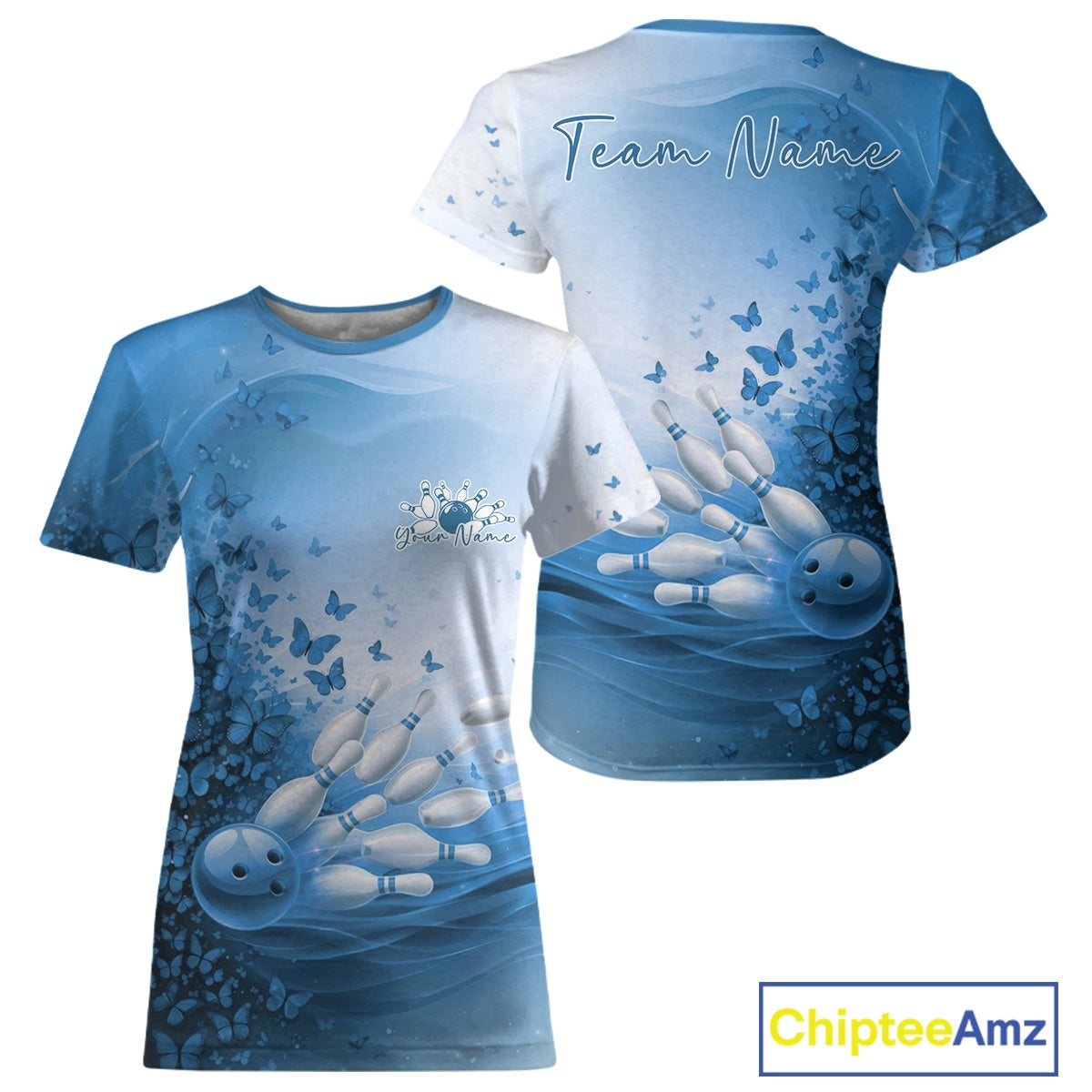 Custom Blue Butterfly Bowling T-Shirts, Bowling Tournament Uniform