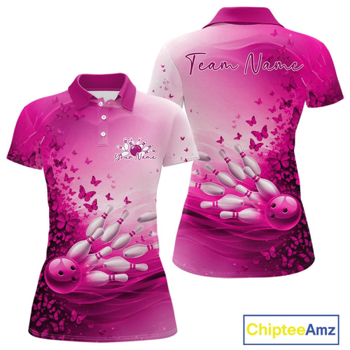 Custom Pink Butterfly Bowling Polo Shirt, Bowling Tournament Uniform