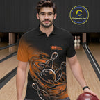 Custom Black And Orange Flame Bowling Polo Shirts, Team Bowling League Shirt
