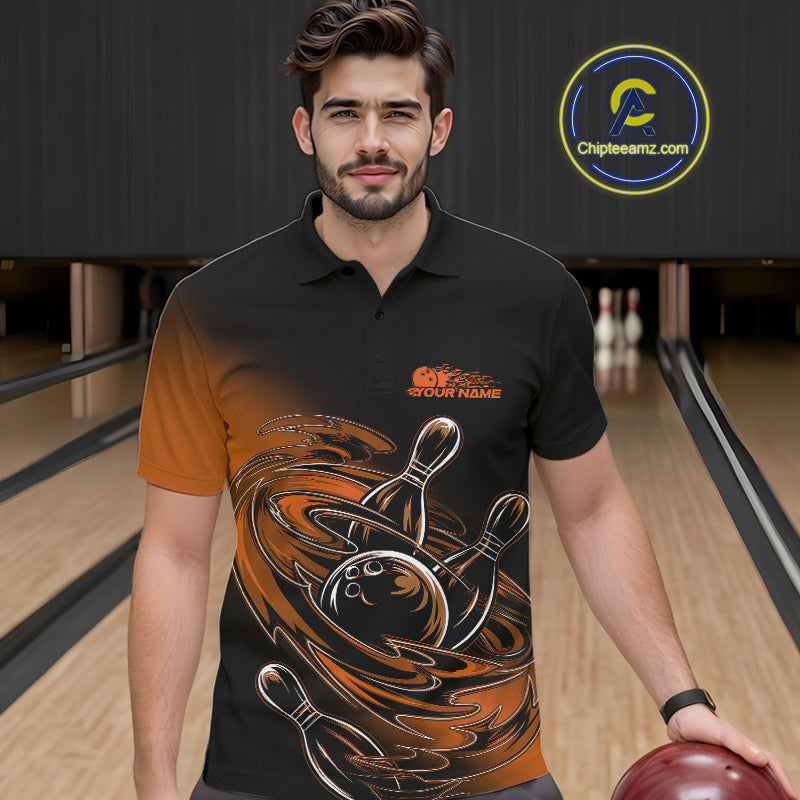 Custom Black And Orange Flame Bowling Polo Shirts, Team Bowling League Shirt