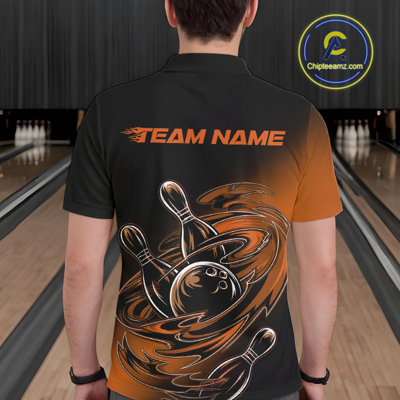 Custom Black And Orange Flame Bowling Polo Shirts, Team Bowling League Shirt