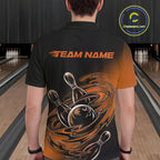 Custom Black And Orange Flame Bowling Polo Shirts, Team Bowling League Shirt