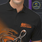 Custom Black And Orange Flame Bowling Polo Shirts, Team Bowling League Shirt