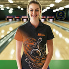 Custom Black And Orange Flame Bowling Polo Shirts, Team Bowling League Shirt